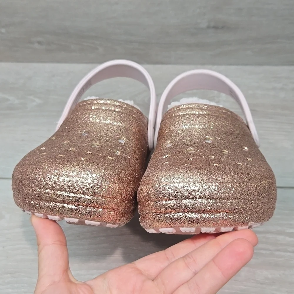 Crocs Kids Glitter Clogs with Pink Strap Mule Shoes Sz J2